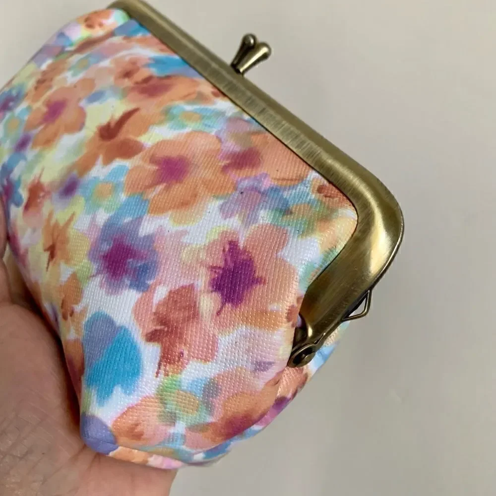 Handmade Genuine Leather Floral Print, Metal Frame Small Clutch/Cosmetic Case